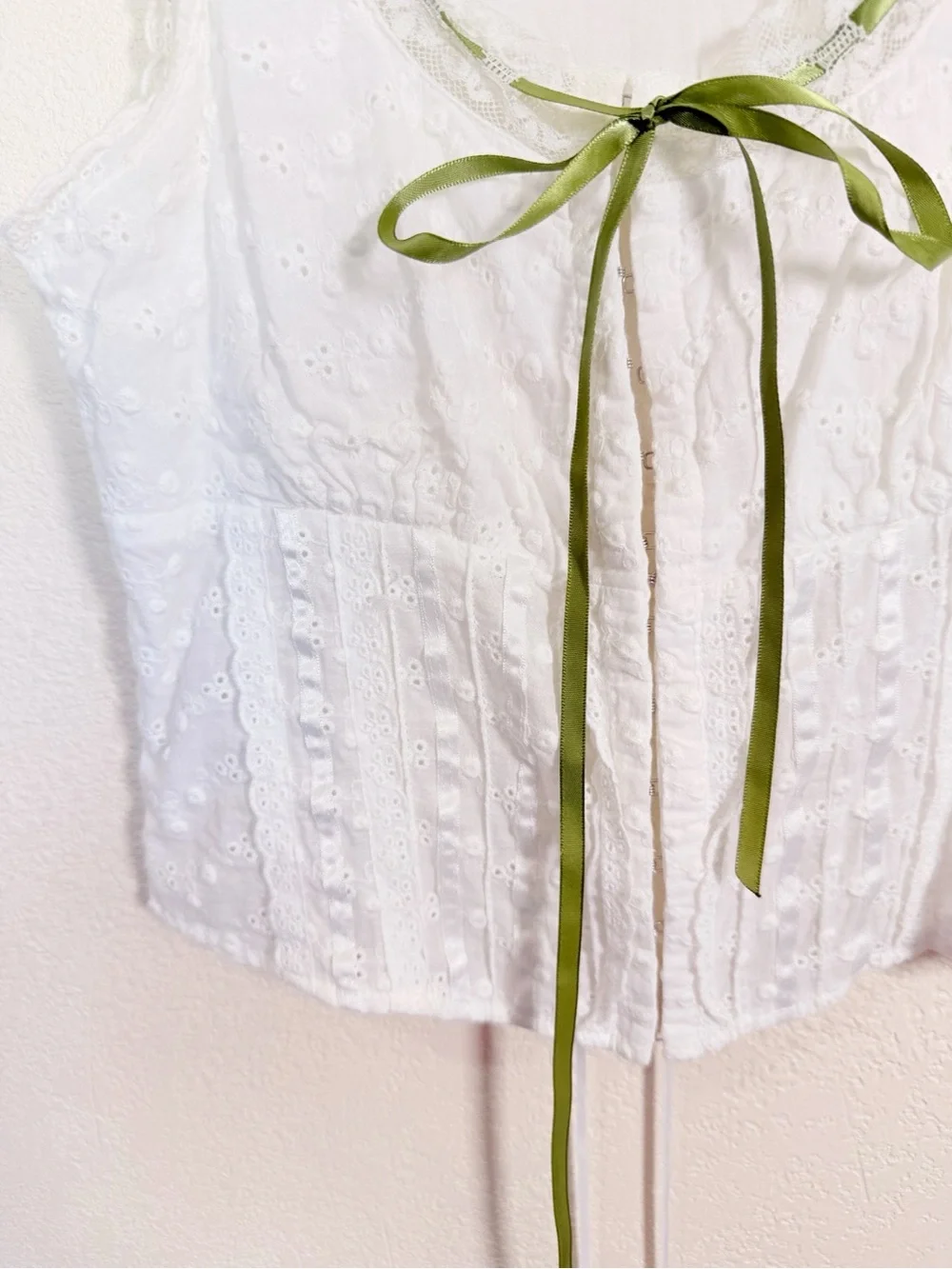 With Jean Eyelet Lace White Cotton Corset Tank Top Coquette XS Cottagecore - Picture 2 of 7